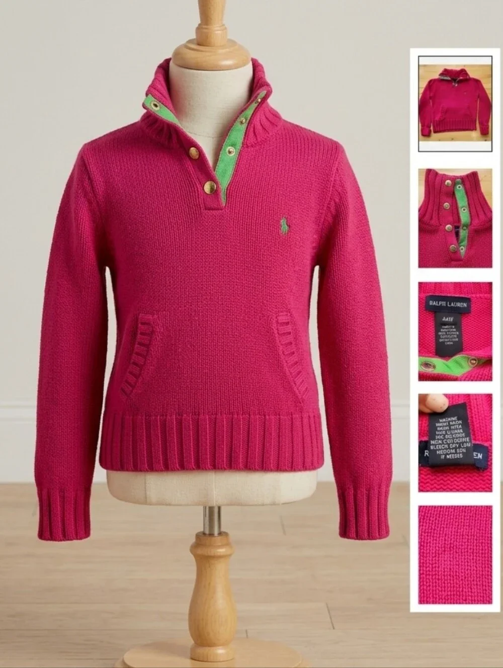 Vintage Ralph Lauren Hot Pink Girl's Neon Green Pony Turtleneck Sweater 4T